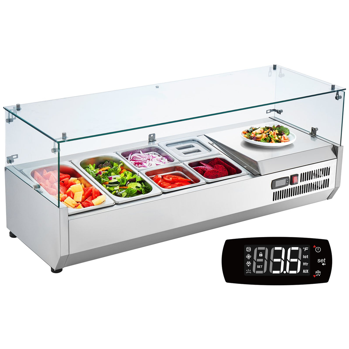 VEVOR Refrigerated Condiment Prep Station, 135 W Countertop Refrigerated Condiment Station, with 2 1/3 Pans & 4 1/6 Pans, 304 Stainless Body and PC Lid, Sandwich Prep Table with Glass Guard, ETL - BLZLZDWT48YCLXW0SV1 - view 1