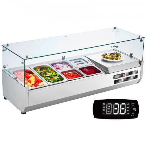 VEVOR Refrigerated Condiment Prep Station, 135 W Countertop Refrigerated Condiment Station, with 2 1/3 Pans & 4 1/6 Pans, 304 Stainless Body and PC Lid, Sandwich Prep Table with Glass Guard, ETL - BLZLZDWT48YCLXW0SV1 - view 2