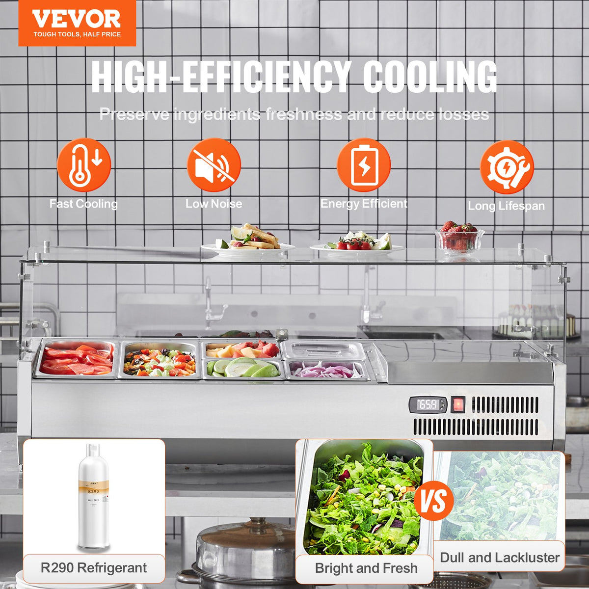 VEVOR Refrigerated Condiment Prep Station, 135 W Countertop Refrigerated Condiment Station, with 2 1/3 Pans & 4 1/6 Pans, 304 Stainless Body and PC Lid, Sandwich Prep Table with Glass Guard, ETL - BLZLZDWT48YCLXW0SV1 - view 3