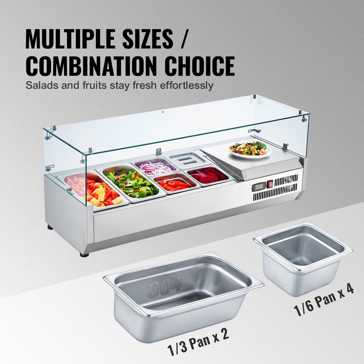 VEVOR Refrigerated Condiment Prep Station, 135 W Countertop Refrigerated Condiment Station, with 2 1/3 Pans & 4 1/6 Pans, 304 Stainless Body and PC Lid, Sandwich Prep Table with Glass Guard, ETL - BLZLZDWT48YCLXW0SV1 - view 4