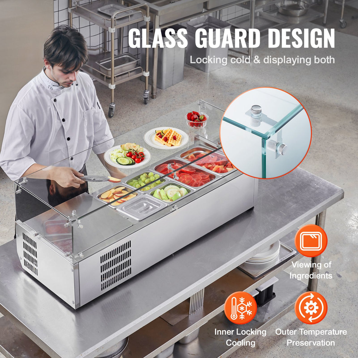 VEVOR Refrigerated Condiment Prep Station, 135 W Countertop Refrigerated Condiment Station, with 2 1/3 Pans & 4 1/6 Pans, 304 Stainless Body and PC Lid, Sandwich Prep Table with Glass Guard, ETL - BLZLZDWT48YCLXW0SV1 - view 6