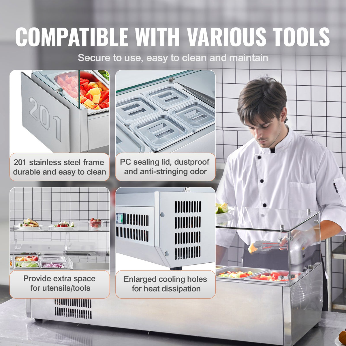 VEVOR Refrigerated Condiment Prep Station, 135 W Countertop Refrigerated Condiment Station, with 2 1/3 Pans & 4 1/6 Pans, 304 Stainless Body and PC Lid, Sandwich Prep Table with Glass Guard, ETL - BLZLZDWT48YCLXW0SV1 - view 7