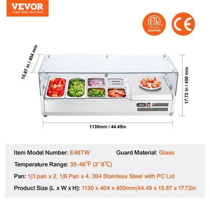 VEVOR Refrigerated Condiment Prep Station, 135 W Countertop Refrigerated Condiment Station, with 2 1/3 Pans & 4 1/6 Pans, 304 Stainless Body and PC Lid, Sandwich Prep Table with Glass Guard, ETL - BLZLZDWT48YCLXW0SV1 - view 8