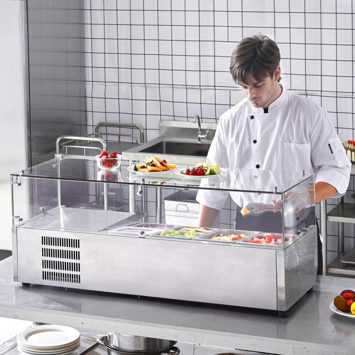 VEVOR Refrigerated Condiment Prep Station, 135 W Countertop Refrigerated Condiment Station, with 2 1/3 Pans & 4 1/6 Pans, 304 Stainless Body and PC Lid, Sandwich Prep Table with Glass Guard, ETL - BLZLZDWT48YCLXW0SV1 - view 9