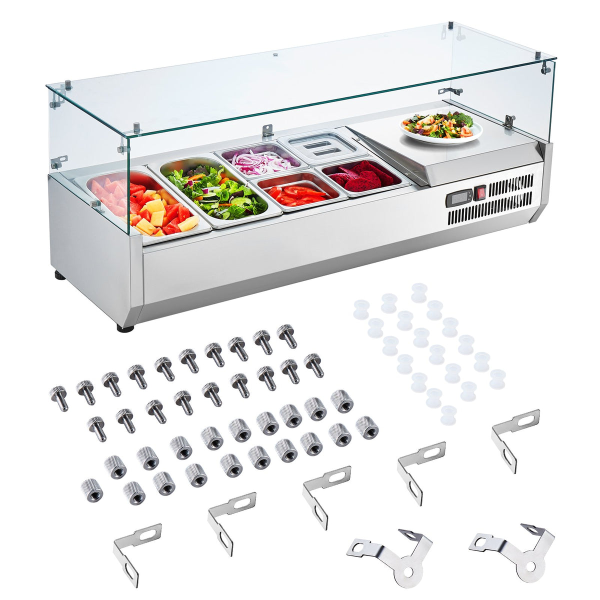 VEVOR Refrigerated Condiment Prep Station, 135 W Countertop Refrigerated Condiment Station, with 2 1/3 Pans & 4 1/6 Pans, 304 Stainless Body and PC Lid, Sandwich Prep Table with Glass Guard, ETL - BLZLZDWT48YCLXW0SV1 - view 10
