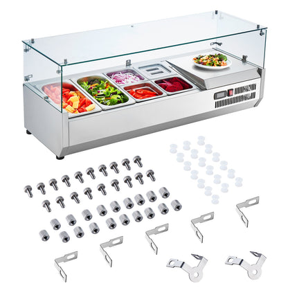 VEVOR Refrigerated Condiment Prep Station, 135 W Countertop Refrigerated Condiment Station, with 2 1/3 Pans & 4 1/6 Pans, 304 Stainless Body and PC Lid, Sandwich Prep Table with Glass Guard, ETL - BLZLZDWT48YCLXW0SV1 - view 10