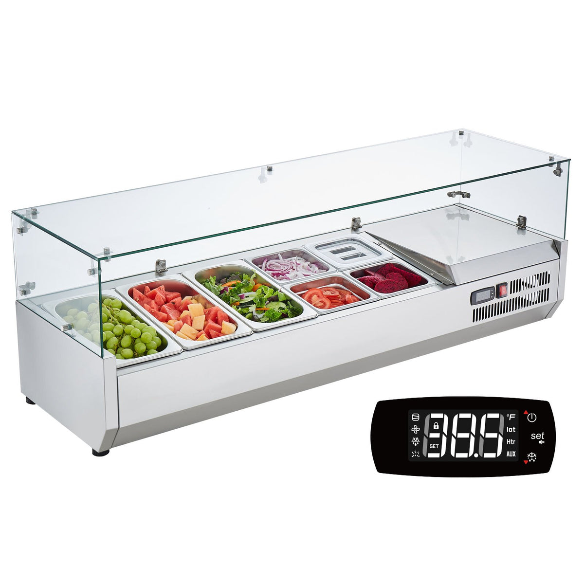 VEVOR Refrigerated Condiment Prep Station, 140 W Countertop Refrigerated Condiment Station, with 3 1/3 Pans & 4 1/6 Pans, 304 Stainless Body and PC Lid, Sandwich Prep Table with Glass Guard, ETL - BLZLZDWT55YCRAI0ZV1 - view 1