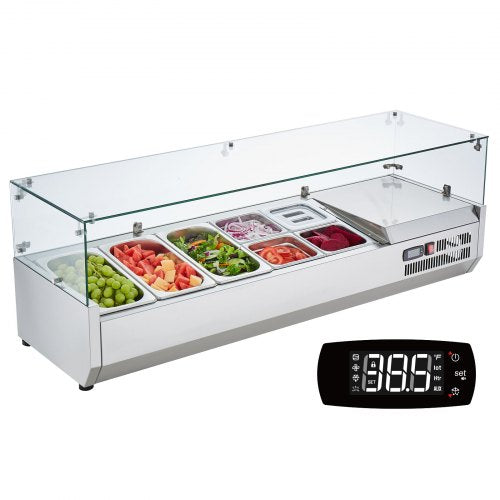 VEVOR Refrigerated Condiment Prep Station, 140 W Countertop Refrigerated Condiment Station, with 3 1/3 Pans & 4 1/6 Pans, 304 Stainless Body and PC Lid, Sandwich Prep Table with Glass Guard, ETL - BLZLZDWT55YCRAI0ZV1 - view 2
