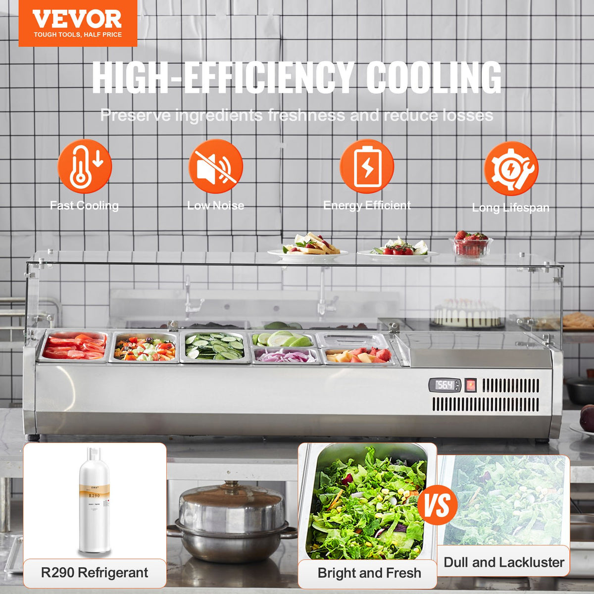 VEVOR Refrigerated Condiment Prep Station, 140 W Countertop Refrigerated Condiment Station, with 3 1/3 Pans & 4 1/6 Pans, 304 Stainless Body and PC Lid, Sandwich Prep Table with Glass Guard, ETL - BLZLZDWT55YCRAI0ZV1 - view 3