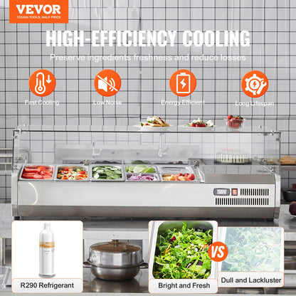 VEVOR Refrigerated Condiment Prep Station, 140 W Countertop Refrigerated Condiment Station, with 3 1/3 Pans & 4 1/6 Pans, 304 Stainless Body and PC Lid, Sandwich Prep Table with Glass Guard, ETL - BLZLZDWT55YCRAI0ZV1 - view 3