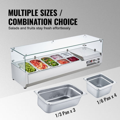 VEVOR Refrigerated Condiment Prep Station, 140 W Countertop Refrigerated Condiment Station, with 3 1/3 Pans & 4 1/6 Pans, 304 Stainless Body and PC Lid, Sandwich Prep Table with Glass Guard, ETL - BLZLZDWT55YCRAI0ZV1 - view 4