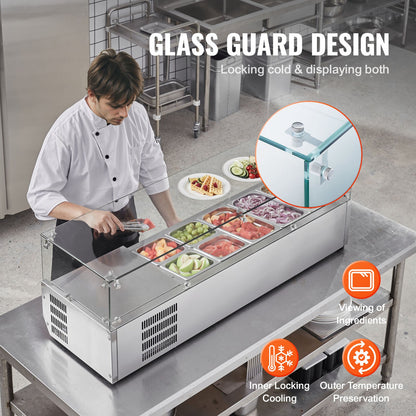 VEVOR Refrigerated Condiment Prep Station, 140 W Countertop Refrigerated Condiment Station, with 3 1/3 Pans & 4 1/6 Pans, 304 Stainless Body and PC Lid, Sandwich Prep Table with Glass Guard, ETL - BLZLZDWT55YCRAI0ZV1 - view 6