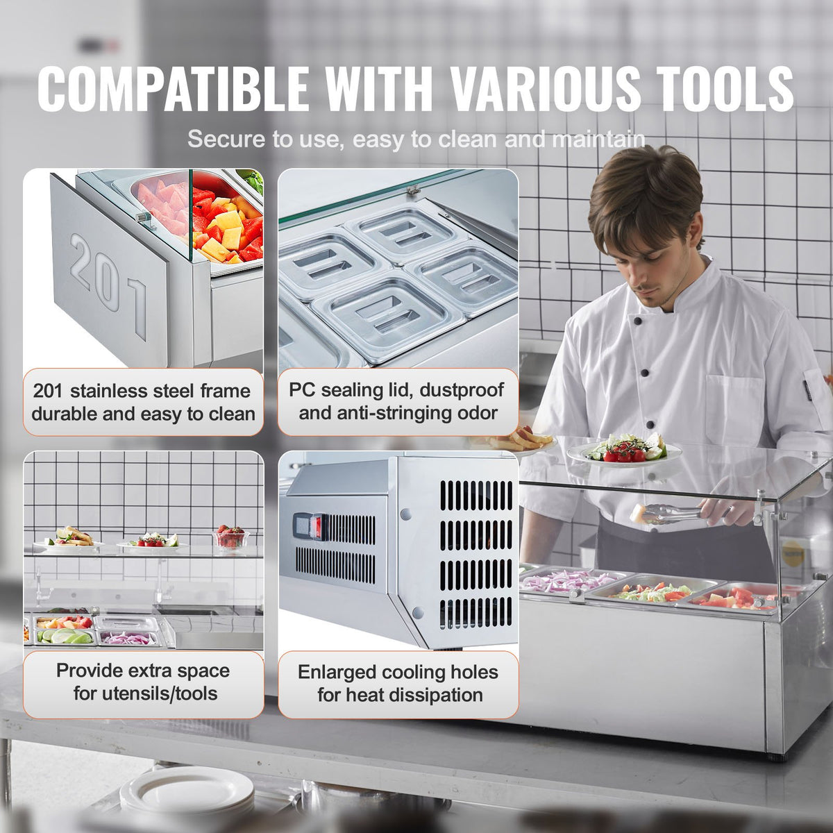 VEVOR Refrigerated Condiment Prep Station, 140 W Countertop Refrigerated Condiment Station, with 3 1/3 Pans & 4 1/6 Pans, 304 Stainless Body and PC Lid, Sandwich Prep Table with Glass Guard, ETL - BLZLZDWT55YCRAI0ZV1 - view 7