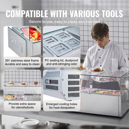 VEVOR Refrigerated Condiment Prep Station, 140 W Countertop Refrigerated Condiment Station, with 3 1/3 Pans & 4 1/6 Pans, 304 Stainless Body and PC Lid, Sandwich Prep Table with Glass Guard, ETL - BLZLZDWT55YCRAI0ZV1 - view 7