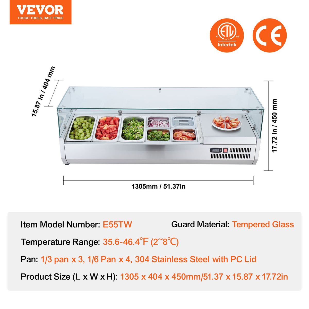 VEVOR Refrigerated Condiment Prep Station, 140 W Countertop Refrigerated Condiment Station, with 3 1/3 Pans & 4 1/6 Pans, 304 Stainless Body and PC Lid, Sandwich Prep Table with Glass Guard, ETL - BLZLZDWT55YCRAI0ZV1 - view 8