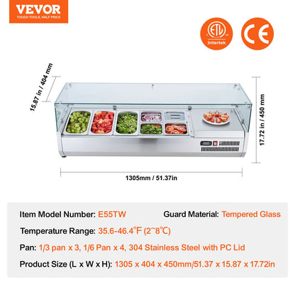 VEVOR Refrigerated Condiment Prep Station, 140 W Countertop Refrigerated Condiment Station, with 3 1/3 Pans & 4 1/6 Pans, 304 Stainless Body and PC Lid, Sandwich Prep Table with Glass Guard, ETL - BLZLZDWT55YCRAI0ZV1 - view 8