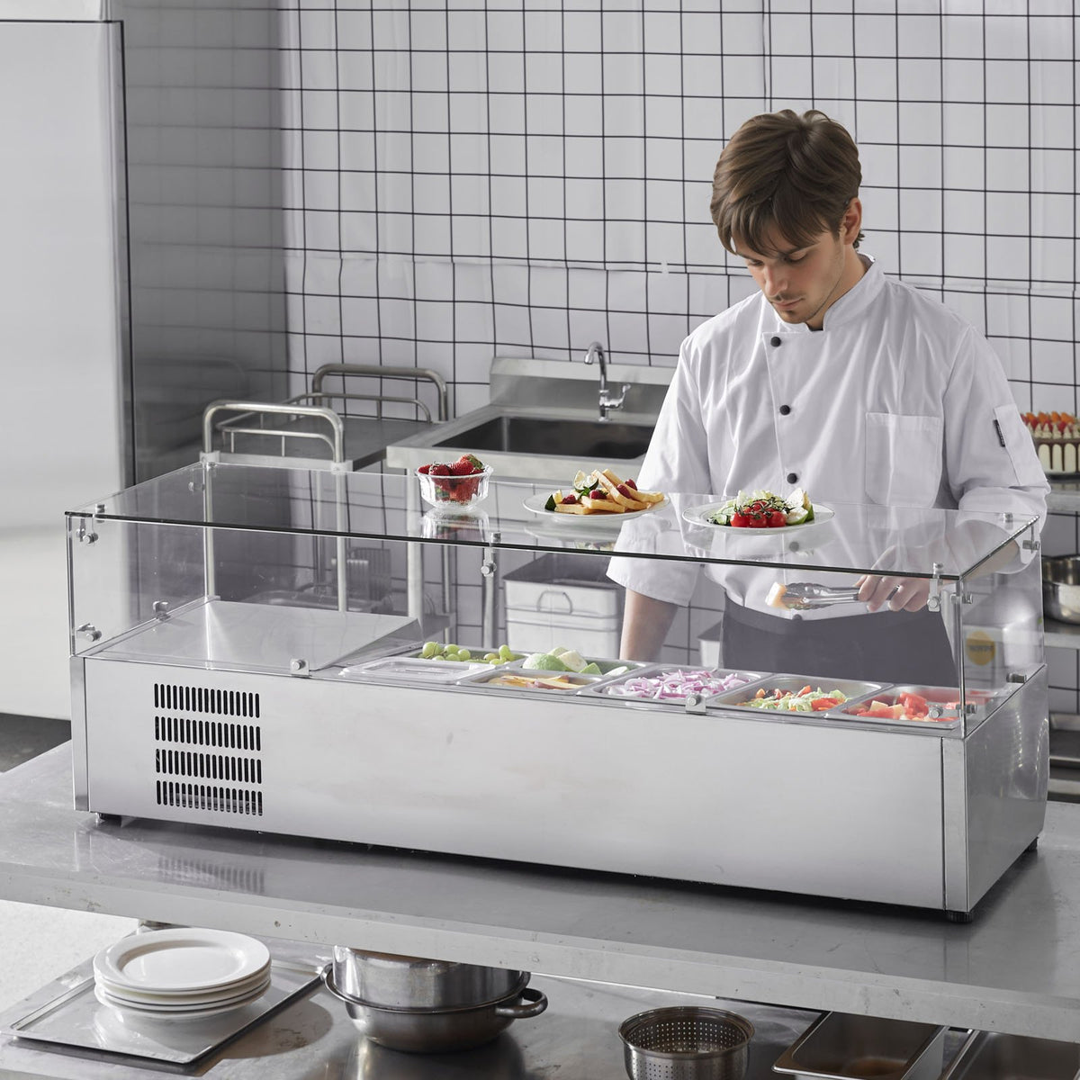 VEVOR Refrigerated Condiment Prep Station, 140 W Countertop Refrigerated Condiment Station, with 3 1/3 Pans & 4 1/6 Pans, 304 Stainless Body and PC Lid, Sandwich Prep Table with Glass Guard, ETL - BLZLZDWT55YCRAI0ZV1 - view 9