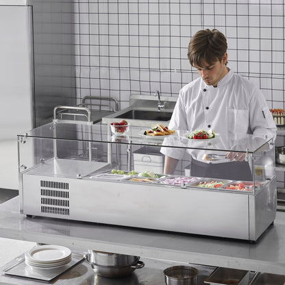 VEVOR Refrigerated Condiment Prep Station, 140 W Countertop Refrigerated Condiment Station, with 3 1/3 Pans & 4 1/6 Pans, 304 Stainless Body and PC Lid, Sandwich Prep Table with Glass Guard, ETL - BLZLZDWT55YCRAI0ZV1 - view 9
