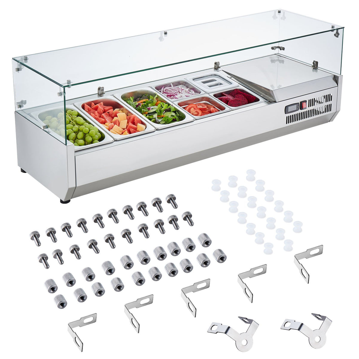 VEVOR Refrigerated Condiment Prep Station, 140 W Countertop Refrigerated Condiment Station, with 3 1/3 Pans & 4 1/6 Pans, 304 Stainless Body and PC Lid, Sandwich Prep Table with Glass Guard, ETL - BLZLZDWT55YCRAI0ZV1 - view 10