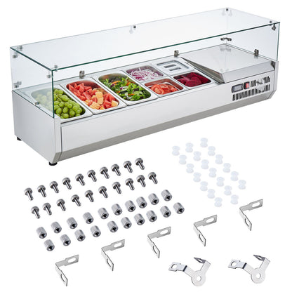 VEVOR Refrigerated Condiment Prep Station, 140 W Countertop Refrigerated Condiment Station, with 3 1/3 Pans & 4 1/6 Pans, 304 Stainless Body and PC Lid, Sandwich Prep Table with Glass Guard, ETL - BLZLZDWT55YCRAI0ZV1 - view 10