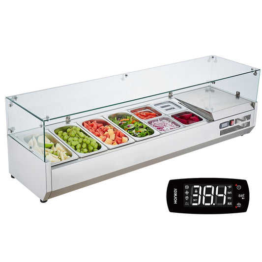 VEVOR Refrigerated Condiment Prep Station, 150 W Countertop Refrigerated Condiment Station, with 4 1/3 Pans & 4 1/6 Pans, 304 Stainless Body and PC Lid, Sandwich Prep Table with Glass Guard, ETL - BLZLZDWT60YC62I18V1 - view 1