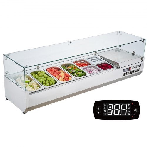 VEVOR Refrigerated Condiment Prep Station, 150 W Countertop Refrigerated Condiment Station, with 4 1/3 Pans & 4 1/6 Pans, 304 Stainless Body and PC Lid, Sandwich Prep Table with Glass Guard, ETL - BLZLZDWT60YC62I18V1 - view 2