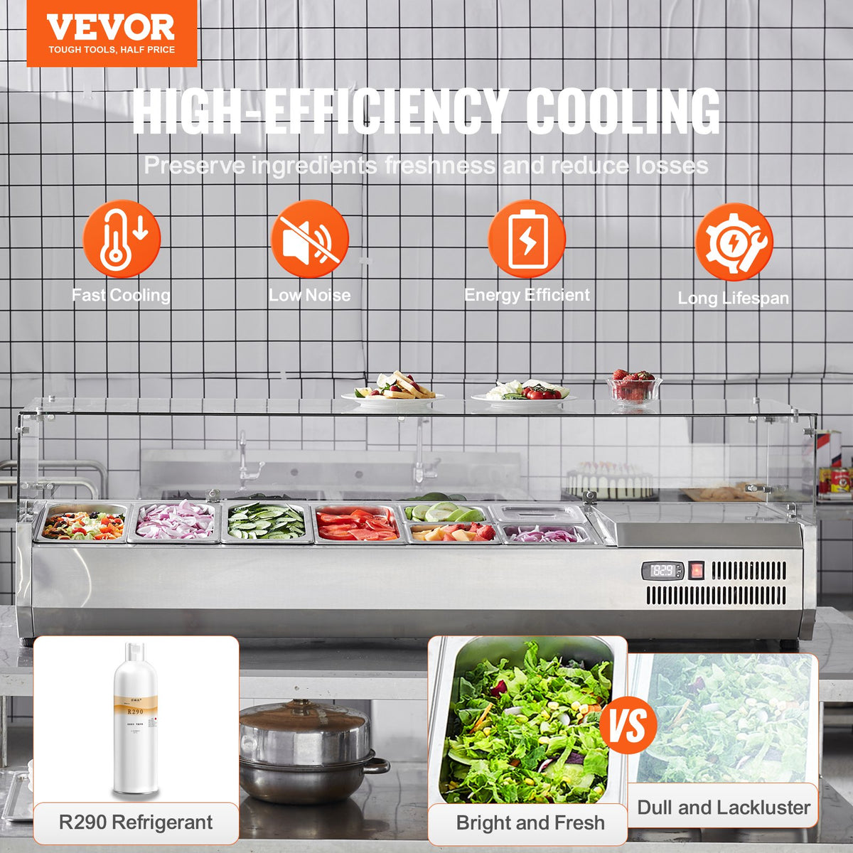 VEVOR Refrigerated Condiment Prep Station, 150 W Countertop Refrigerated Condiment Station, with 4 1/3 Pans & 4 1/6 Pans, 304 Stainless Body and PC Lid, Sandwich Prep Table with Glass Guard, ETL - BLZLZDWT60YC62I18V1 - view 3