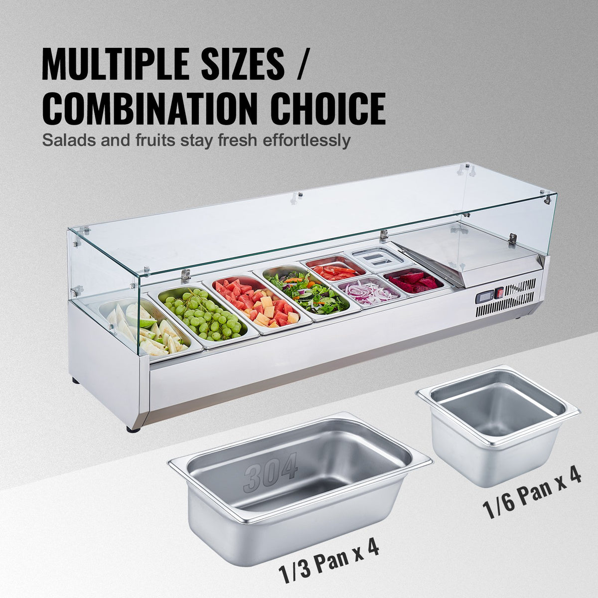 VEVOR Refrigerated Condiment Prep Station, 150 W Countertop Refrigerated Condiment Station, with 4 1/3 Pans & 4 1/6 Pans, 304 Stainless Body and PC Lid, Sandwich Prep Table with Glass Guard, ETL - BLZLZDWT60YC62I18V1 - view 4