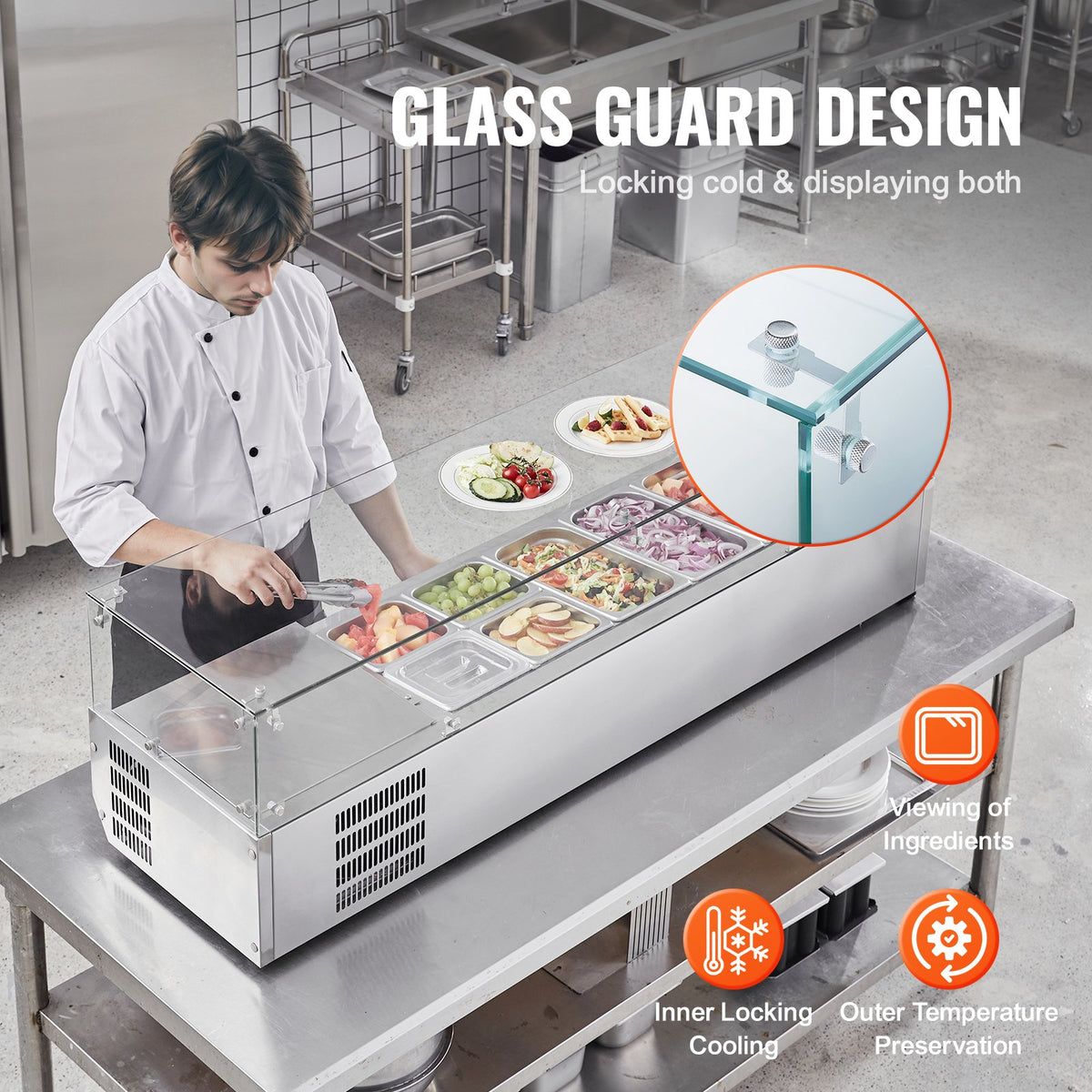 VEVOR Refrigerated Condiment Prep Station, 150 W Countertop Refrigerated Condiment Station, with 4 1/3 Pans & 4 1/6 Pans, 304 Stainless Body and PC Lid, Sandwich Prep Table with Glass Guard, ETL - BLZLZDWT60YC62I18V1 - view 6