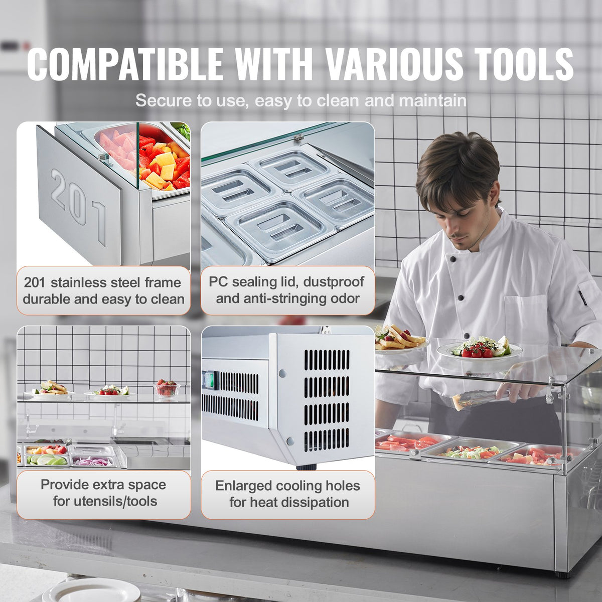 VEVOR Refrigerated Condiment Prep Station, 150 W Countertop Refrigerated Condiment Station, with 4 1/3 Pans & 4 1/6 Pans, 304 Stainless Body and PC Lid, Sandwich Prep Table with Glass Guard, ETL - BLZLZDWT60YC62I18V1 - view 7