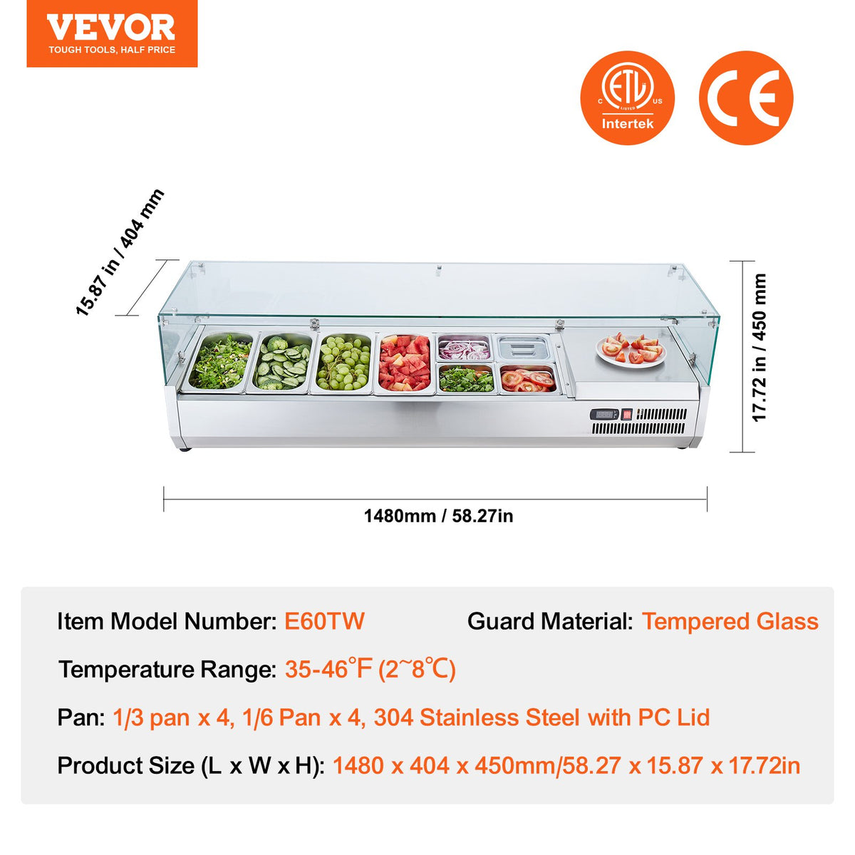 VEVOR Refrigerated Condiment Prep Station, 150 W Countertop Refrigerated Condiment Station, with 4 1/3 Pans & 4 1/6 Pans, 304 Stainless Body and PC Lid, Sandwich Prep Table with Glass Guard, ETL - BLZLZDWT60YC62I18V1 - view 8