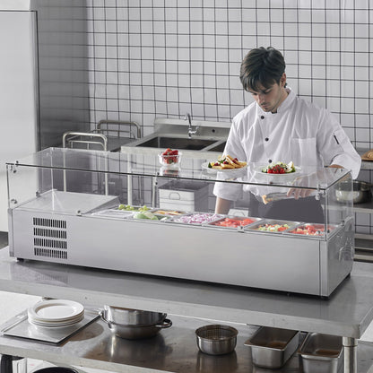 VEVOR Refrigerated Condiment Prep Station, 150 W Countertop Refrigerated Condiment Station, with 4 1/3 Pans & 4 1/6 Pans, 304 Stainless Body and PC Lid, Sandwich Prep Table with Glass Guard, ETL - BLZLZDWT60YC62I18V1 - view 9