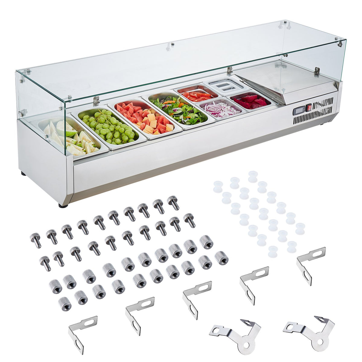 VEVOR Refrigerated Condiment Prep Station, 150 W Countertop Refrigerated Condiment Station, with 4 1/3 Pans & 4 1/6 Pans, 304 Stainless Body and PC Lid, Sandwich Prep Table with Glass Guard, ETL - BLZLZDWT60YC62I18V1 - view 10