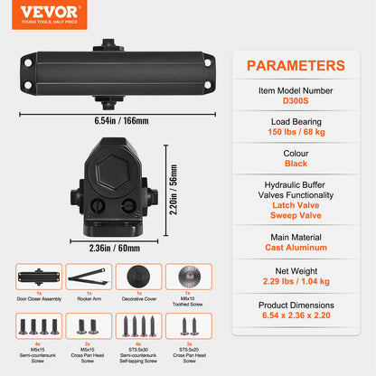 VEVOR Door Closer, Automatic Door Closer Commercial or Residential Use for Door Weights 150 Lbs, Adjustable Size Hydraulic Buffer Door Closers Heavy Duty Cast Aluminum Body, Easy Install, Black - BMQ150LBSHS1MHZZAV0 - view 8