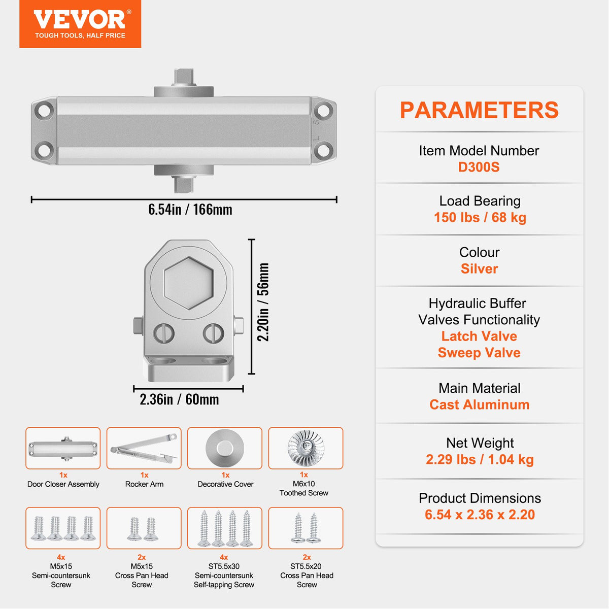 VEVOR Door Closer, Automatic Door Closer Commercial or Residential Use for Door Weights 150 Lbs, Adjustable Size Hydraulic Buffer Door Closers Heavy Duty Cast Aluminum Body, Easy Install, Silver - BMQ150LBSYS1NIWQSV0 - view 8