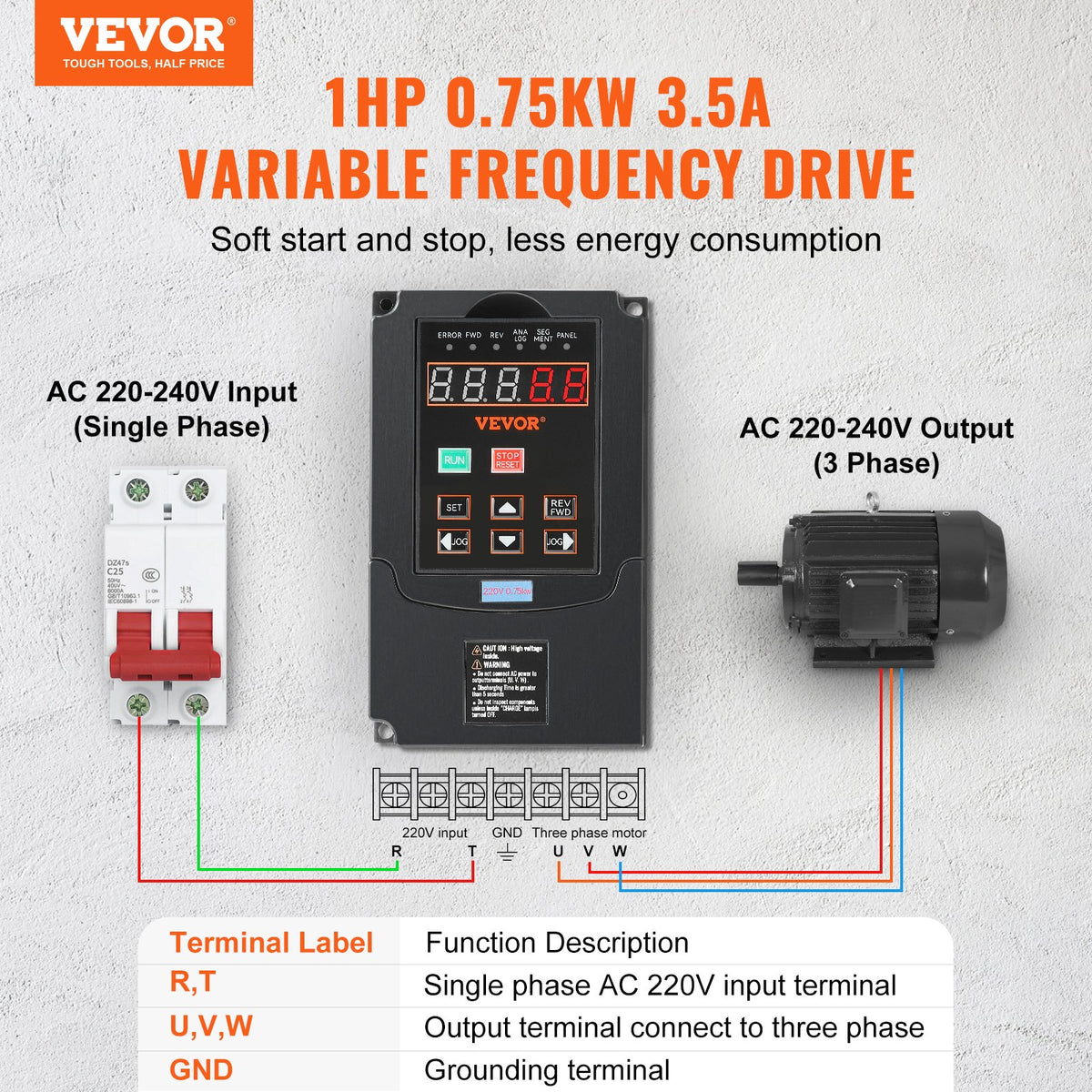 VEVOR VFD 1HP, 0.75KW, 3.5A, 1 or 3 Phase 220V Input to 3 Phase 220V Output Variable Frequency Drive, 40-60Hz Input, 0-400Hz Output VFD for Spindle Motor CNC Speed Control - BPQDQ075KW22HSLPSV7 - view 3