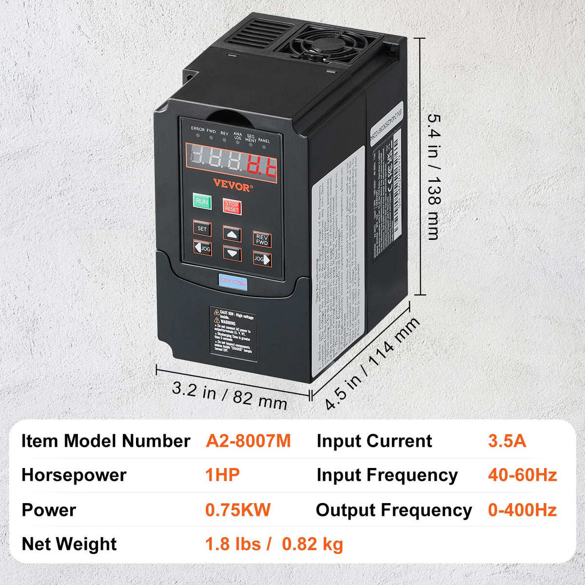 VEVOR VFD 1HP, 0.75KW, 3.5A, 1 or 3 Phase 220V Input to 3 Phase 220V Output Variable Frequency Drive, 40-60Hz Input, 0-400Hz Output VFD for Spindle Motor CNC Speed Control - BPQDQ075KW22HSLPSV7 - view 8