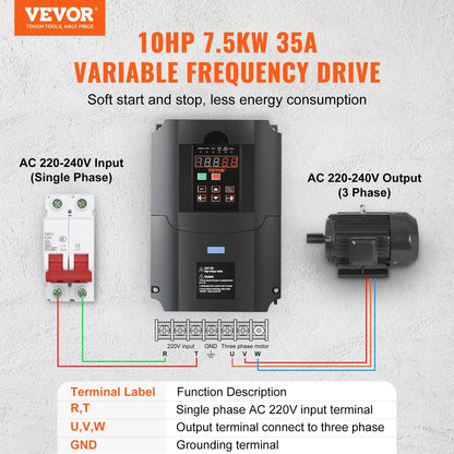 VEVOR VFD 10HP, 7.5KW, 35A, 1 or 3 Phase 220V Input to 3 Phase 220V Output Variable Frequency Drive, 40-60Hz Input, 0-400Hz Output VFD for Spindle Motor CNC Speed Control - BPQDQ75KW220GF4DKV7 - view 3