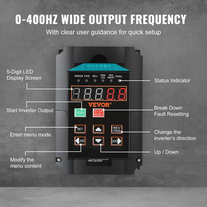 VEVOR VFD 10HP, 7.5KW, 35A, 1 or 3 Phase 220V Input to 3 Phase 220V Output Variable Frequency Drive, 40-60Hz Input, 0-400Hz Output VFD for Spindle Motor CNC Speed Control - BPQDQ75KW220GF4DKV7 - view 4