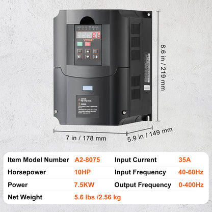 VEVOR VFD 10HP, 7.5KW, 35A, 1 or 3 Phase 220V Input to 3 Phase 220V Output Variable Frequency Drive, 40-60Hz Input, 0-400Hz Output VFD for Spindle Motor CNC Speed Control - BPQDQ75KW220GF4DKV7 - view 8