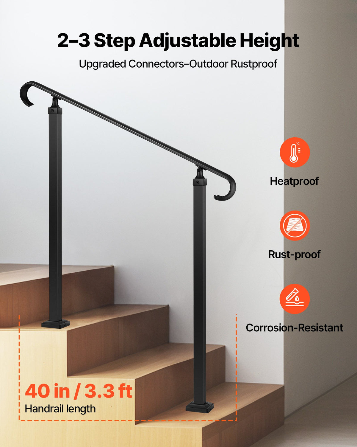 VEVOR Handrails for Outdoor Steps, 2-3 Step Adjustable Height, Carbon Steel Transitional Handrail with Installation Kit, Exterior Hand Railing for Steps, Concrete or Wooden Stairs, Porch, Matte Black - BPSLZFSHS23BVBIXQ001V0 - view 4