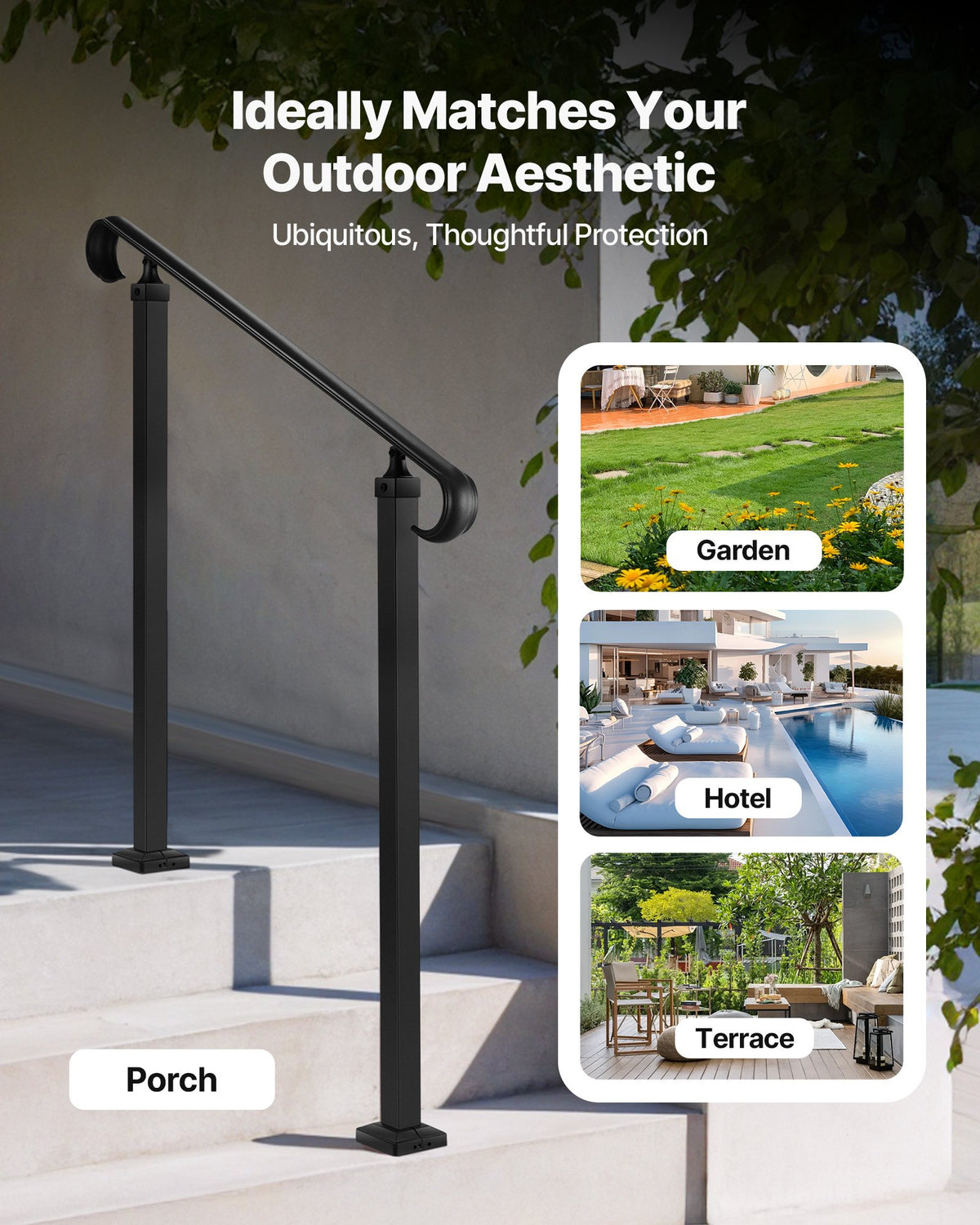VEVOR Handrails for Outdoor Steps, 2-3 Step Adjustable Height, Carbon Steel Transitional Handrail with Installation Kit, Exterior Hand Railing for Steps, Concrete or Wooden Stairs, Porch, Matte Black - BPSLZFSHS23BVBIXQ001V0 - view 7