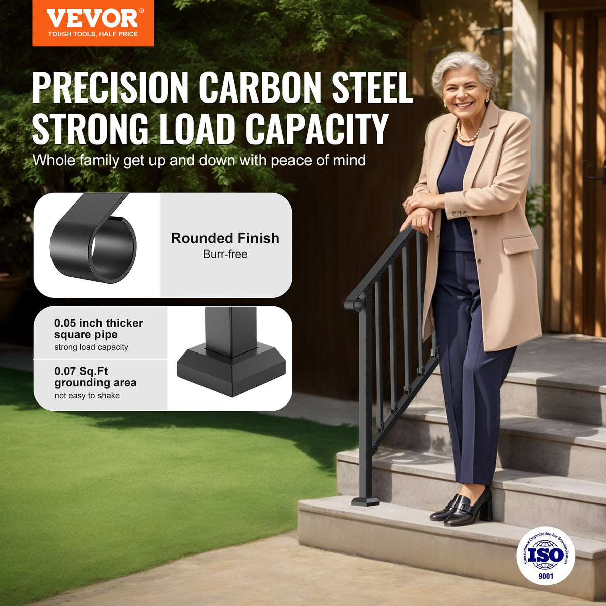 VEVOR Handrails for Outdoor Steps, 3-4 Step Stair Hand Rail Kit, Transitional Iron Railings with Installation Kit, Stair Rails for Seniors, Concrete Steps & Porch & Deck, Black Retro Arch - BPXGMDZLSLZF6CMUIV0 - view 3