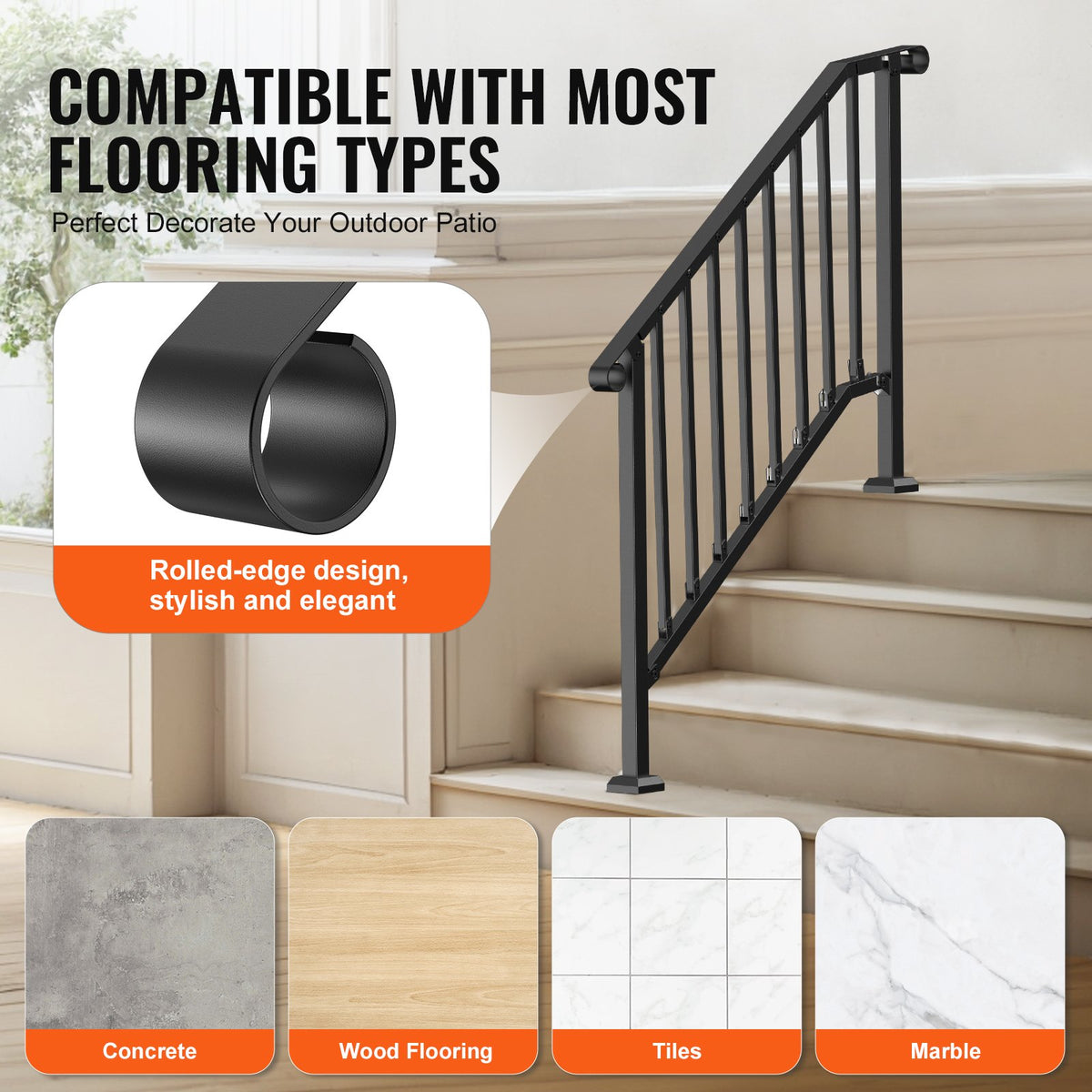 VEVOR Handrails for Outdoor Steps, 3-4 Step Stair Hand Rail Kit, Transitional Iron Railings with Installation Kit, Stair Rails for Seniors, Concrete Steps & Porch & Deck, Black Retro Arch - BPXGMDZLSLZF6CMUIV0 - view 6