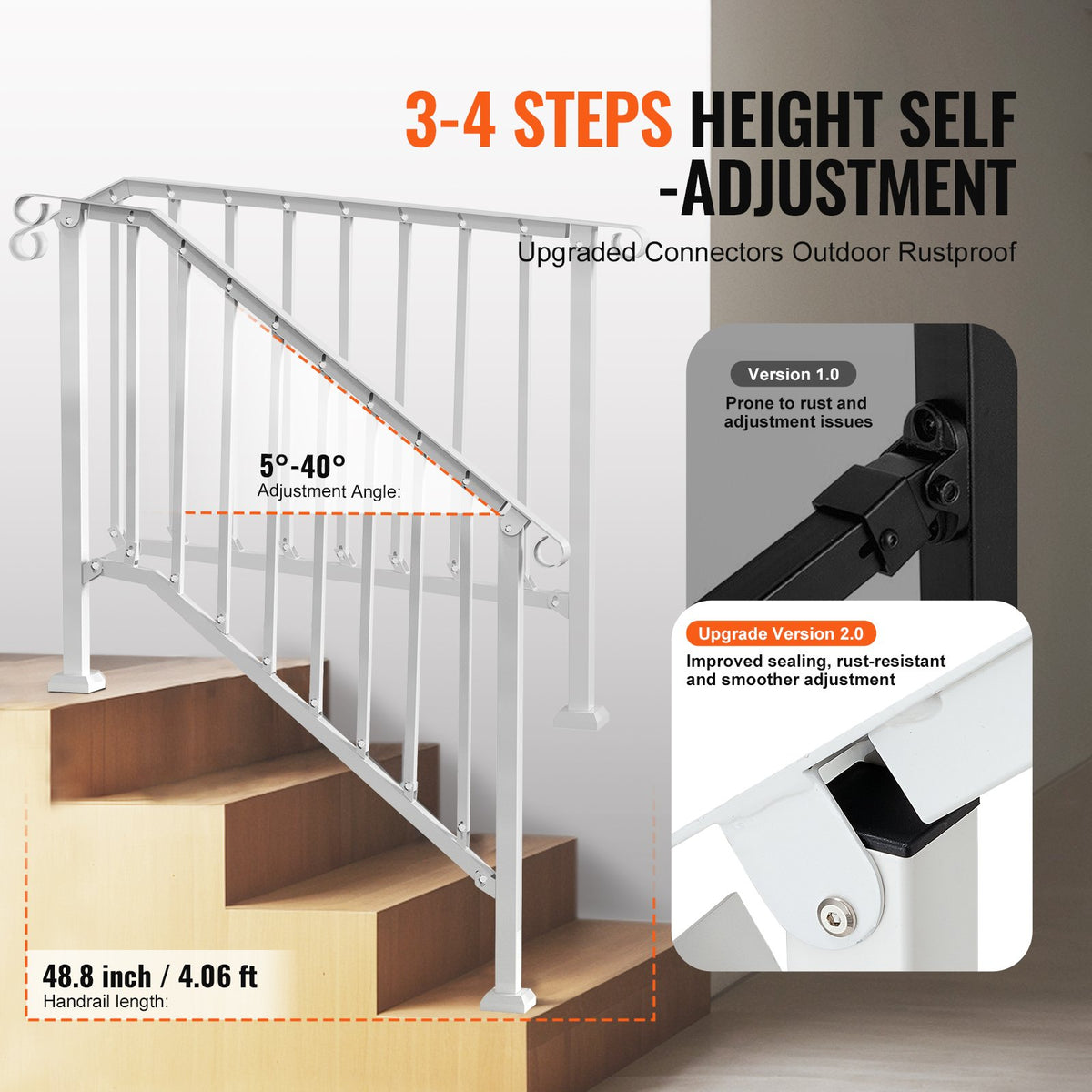 VEVOR Handrails for Outdoor Steps, 3-4 Step Stair Hand Rail Kit, Transitional Carbon Steel Railings with Installation Kit, Stair Rails for Seniors, Concrete Steps & Porch & Deck, White Retro Arch - BPXGMDZLSLZF995EIV0 - view 4