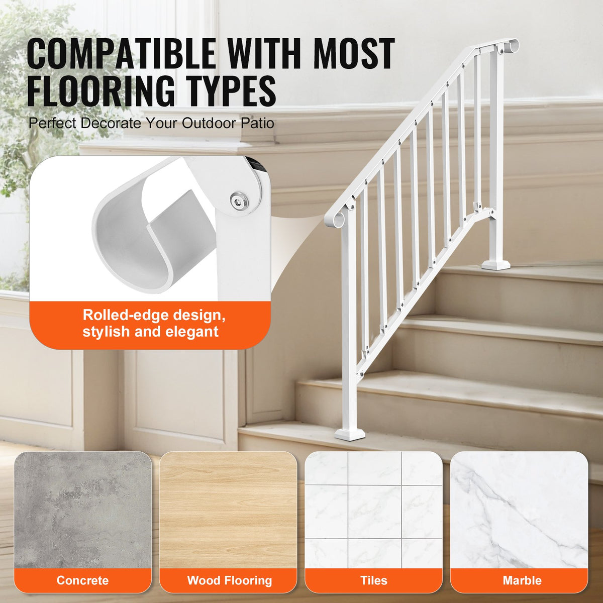 VEVOR Handrails for Outdoor Steps, 3-4 Step Stair Hand Rail Kit, Transitional Carbon Steel Railings with Installation Kit, Stair Rails for Seniors, Concrete Steps & Porch & Deck, White Retro Arch - BPXGMDZLSLZF995EIV0 - view 6