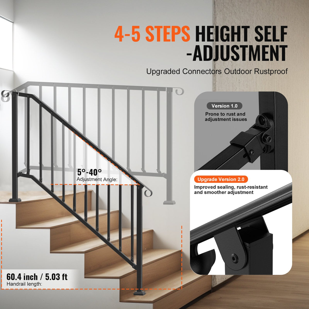 VEVOR Handrails for Outdoor Steps, 5 Step Stair Hand Rail Kit, Transitional Carbon Steel Railings with Installation Kit, Stair Rails for Seniors, Concrete Steps & Porch & Deck, Black Retro Arch - BPXGMDZLSLZFDP9MRV0 - view 4