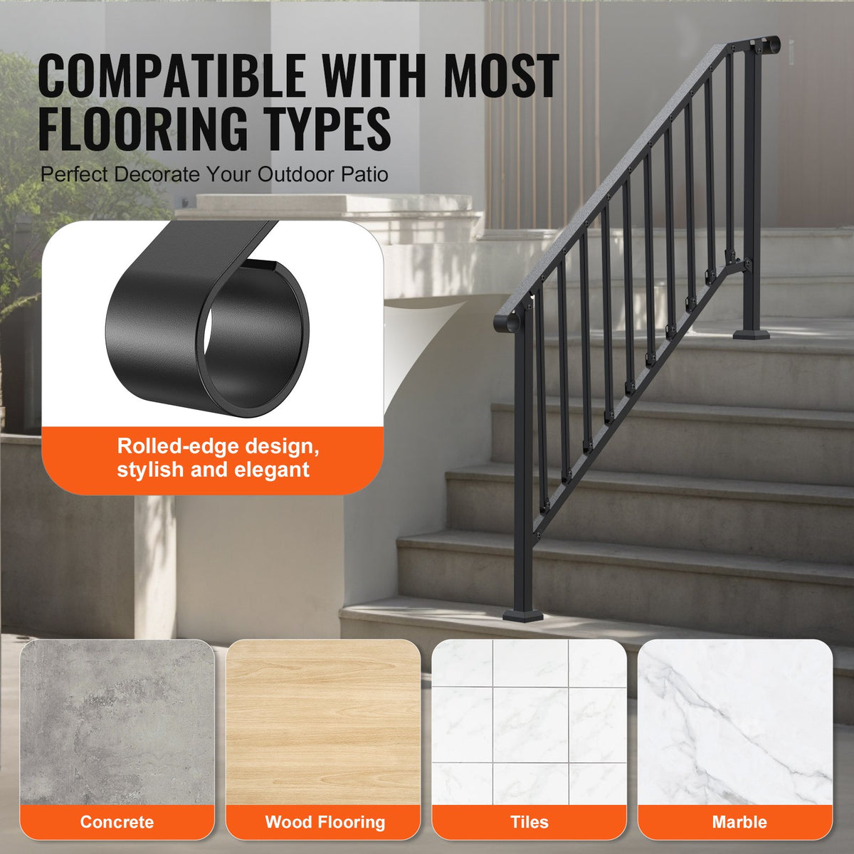 VEVOR Handrails for Outdoor Steps, 5 Step Stair Hand Rail Kit, Transitional Carbon Steel Railings with Installation Kit, Stair Rails for Seniors, Concrete Steps & Porch & Deck, Black Retro Arch - BPXGMDZLSLZFDP9MRV0 - view 6