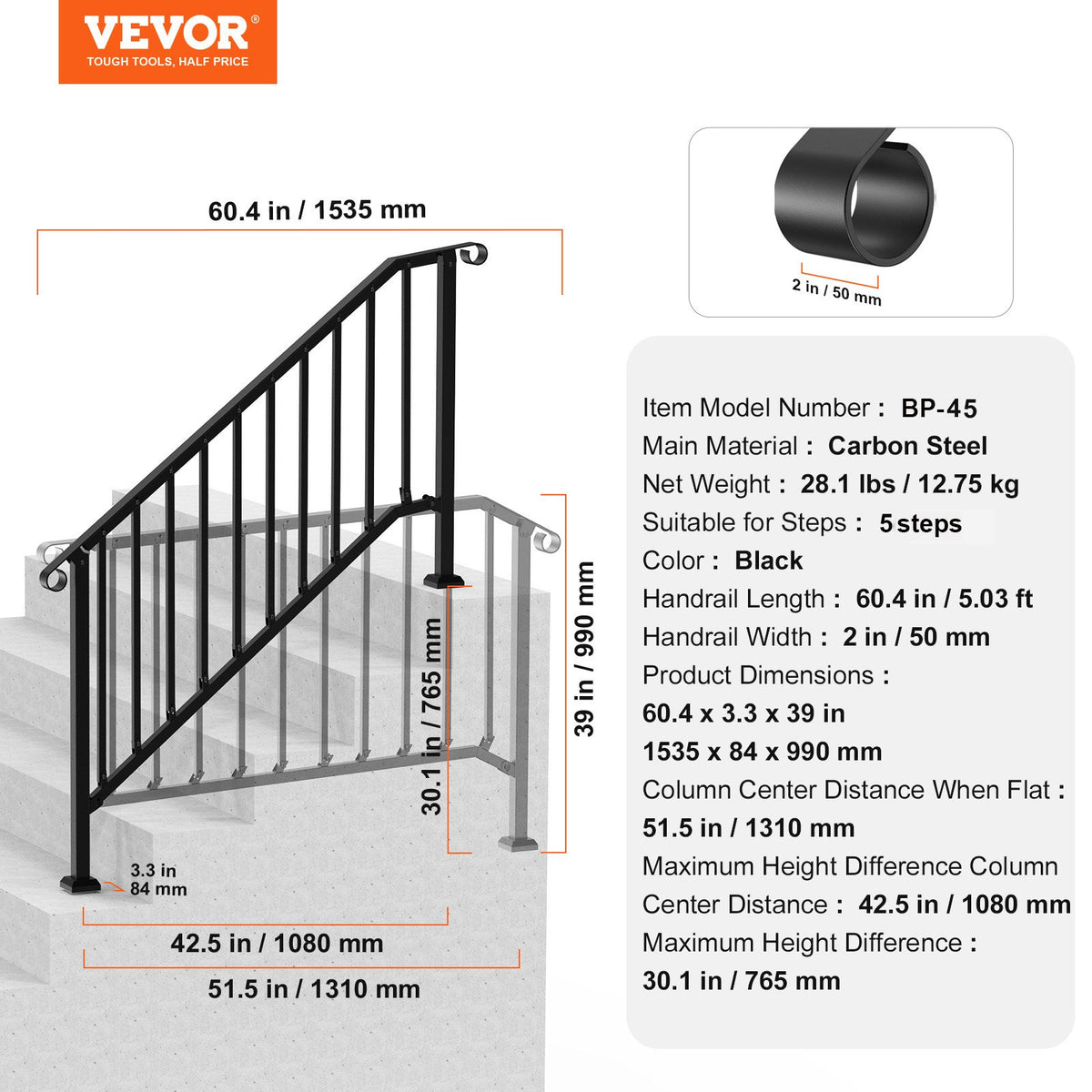 VEVOR Handrails for Outdoor Steps, 5 Step Stair Hand Rail Kit, Transitional Carbon Steel Railings with Installation Kit, Stair Rails for Seniors, Concrete Steps & Porch & Deck, Black Retro Arch - BPXGMDZLSLZFDP9MRV0 - view 8