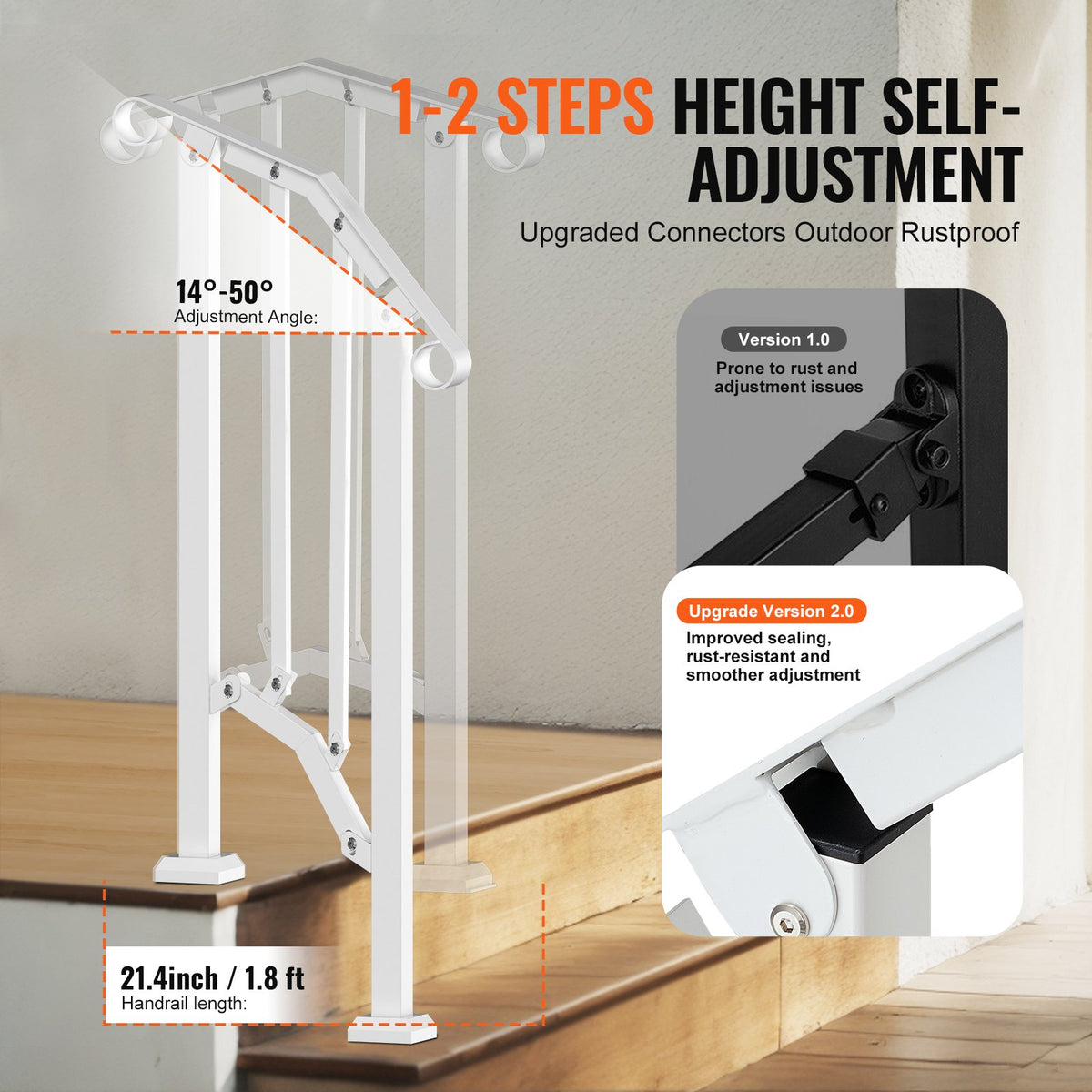 VEVOR Handrails for Outdoor Steps, 1-2 Step Stair Hand Rail Kit, Transitional Carbon Steel Railings with Installation Kit, Stair Rails for Seniors, Concrete Steps & Porch & Deck, White Retro Arch - BPXGMDZLSLZFKGS2YV0 - view 4